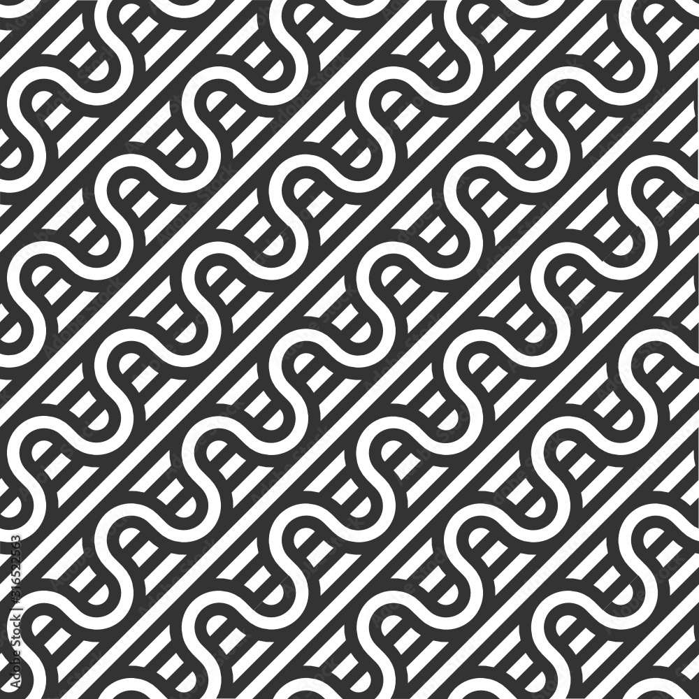 Vector geometric seamless pattern. Modern geometric background. Wavy lines on the background of diagonal stripes.