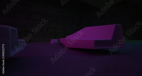 Abstract architectural concrete interior of a minimalist house with colored neon lighting. 3D illustration and rendering.