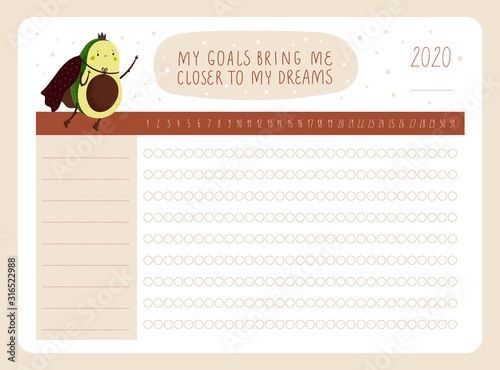 Daily planner for dreamers with cute cartoon avocado character. My goals bring me closer to my dreams. Useful habits tracker. Printable template with check list. Ideal for print, dairy, poster
