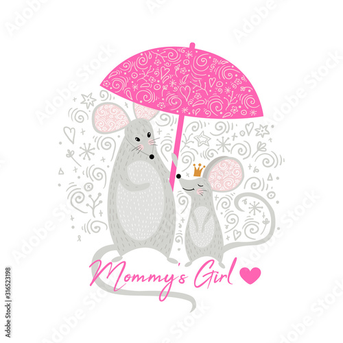 Mouse Mother and Mouse baby girl cute with umbrella. Mommy's girl.  Can be used for t-shirt print, kids wear fashion design, baby shower invitation card.