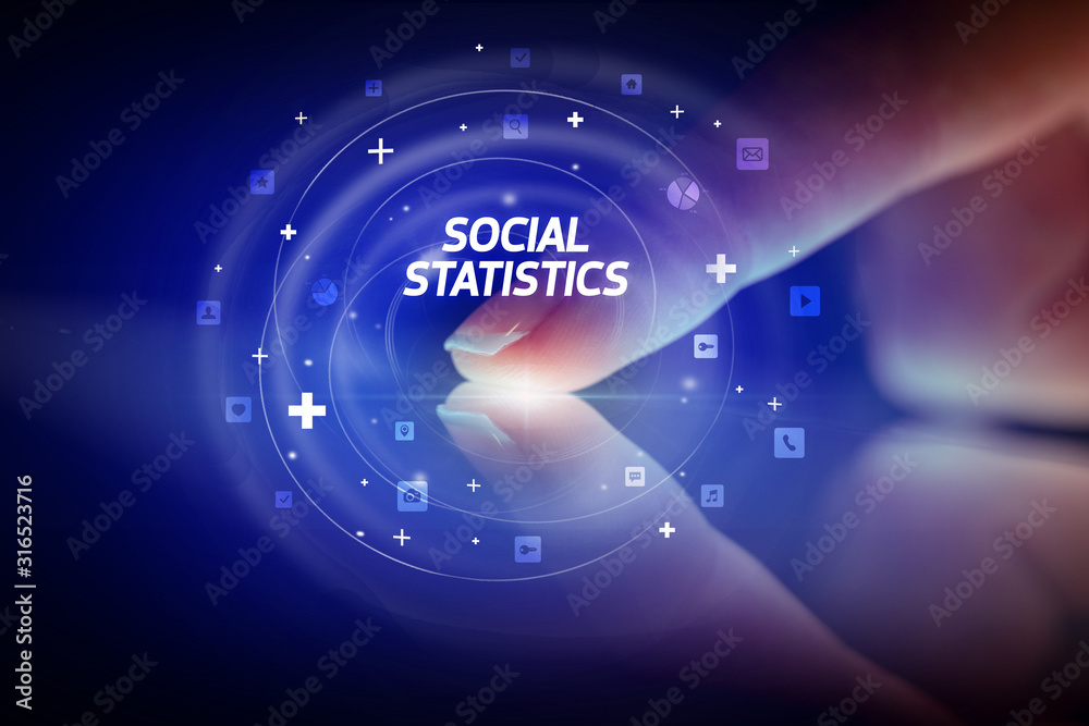 Finger touching tablet with social media icons and SOCIAL STATISTICS