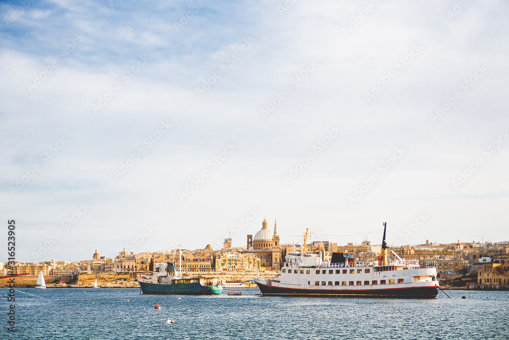St.Paul cathedral and other historical buildings.Sunset panorama view of Valletta, Malta.