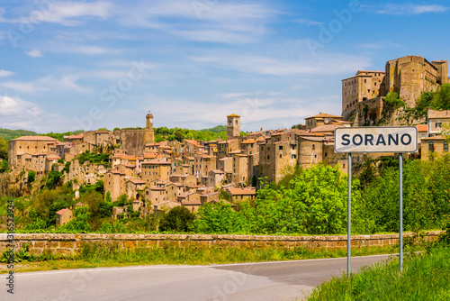 Stunning view of Sorano, tuff mediaeval village in Tuscany, Italy
