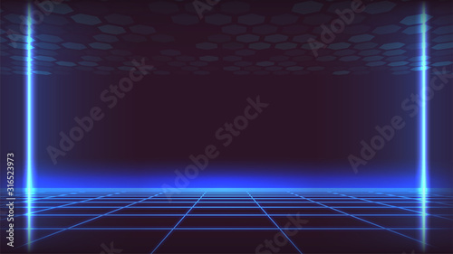Synthwave Template Background. Perspective Grid with Blue Neon Light and Futuristic Hexagon pattern. Stock vector illustration
