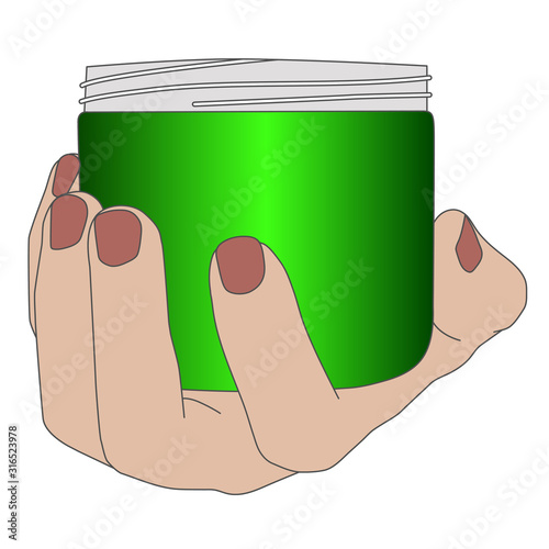 a jar of cream in a woman's hand vector illustration in color
