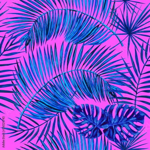 Blue palm and monstera leaves. Watercolor seamless pattern. © Ilona