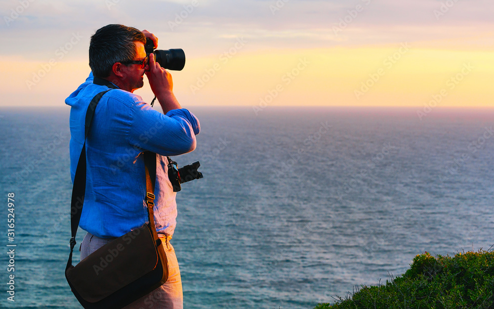 Obraz premium Man and Landscape at Portoscuso and the coast of Mediterranean Sea at Carbonia-Iglesias, Sardinia, Italy. Scenery of Sardegna, summer. Cagliari province. Mixed media.
