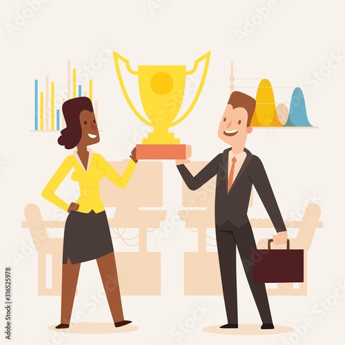 Award winning business company, man and woman holding trophy, vector illustration. Successful business people cartoon characters, partners in professional team