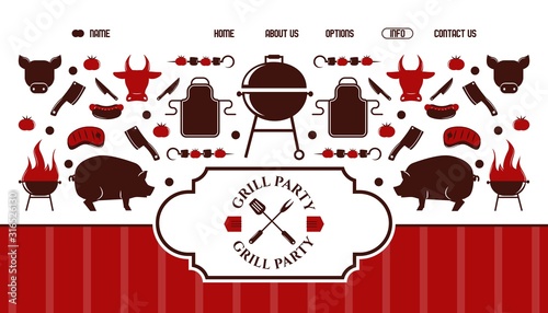 Grill icons for website design, vector illustration. Barbecue party invitation, bbq cookout event announcement. Landing page template with barbeque symbols, kebab skewer, apron