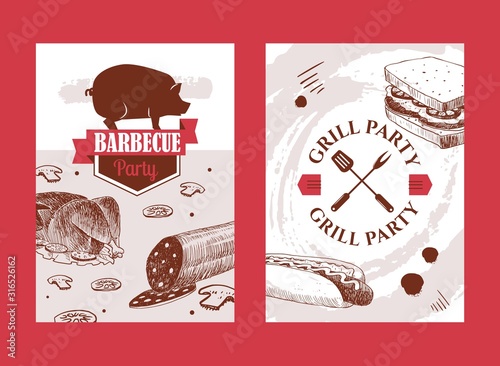 Barbecue banners with hand drawn food, vector illustration. Grill party invitation, bbq cookout event announcement. Barbeque meat restaurant menu cover, butcher shop