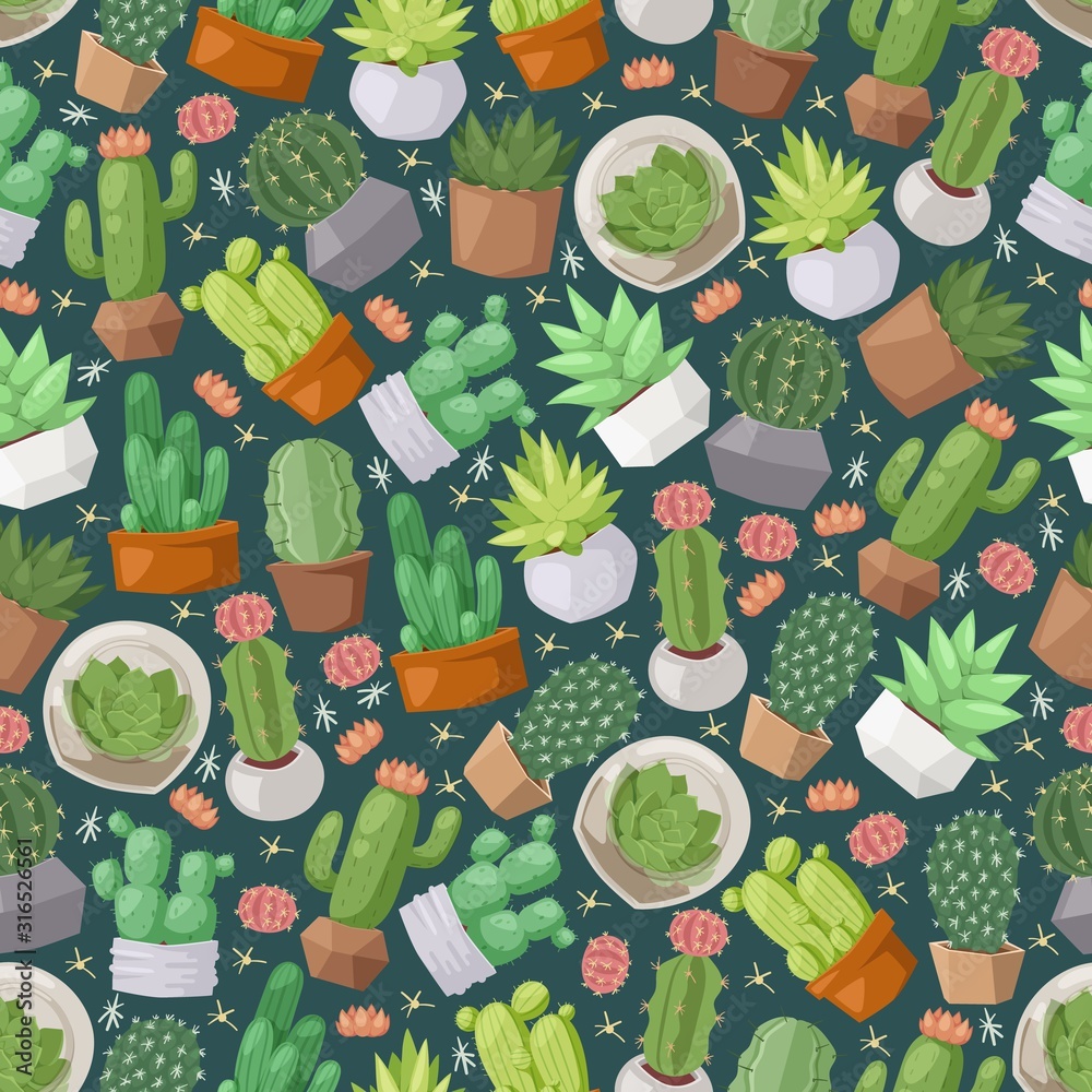 Cactus and succulent plants seamless pattern, vector illustration. Isolated icons of cute houseplants, decorative cacti in flowerpots. Wrapping paper design, background print - obrazy, fototapety, plakaty 