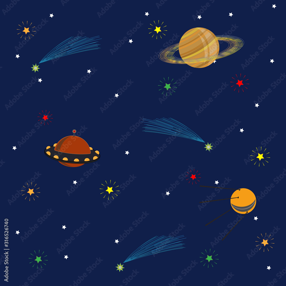 Seamless pattern of starry sky with satellite, Saturn and UFO Seamless pattern of starry sky with satellite, Saturn and UFO