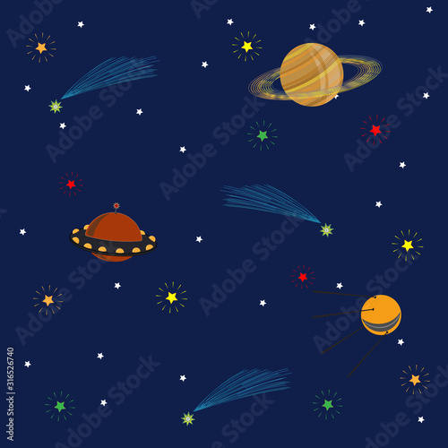 Wallpaper Mural Seamless pattern of starry sky with satellite, Saturn and UFO Torontodigital.ca