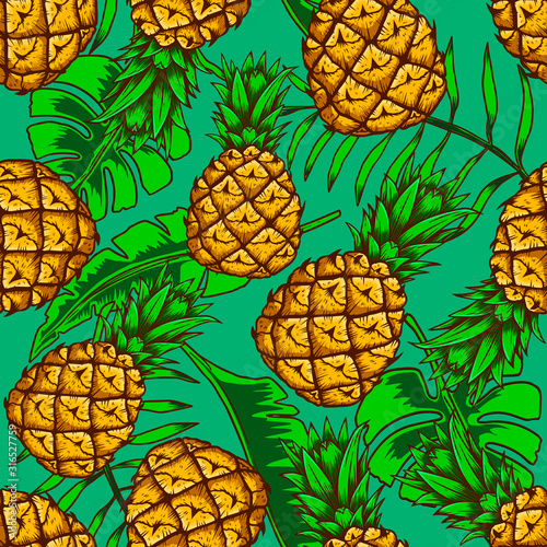Seamless pattern with pineapples and tropical leaves. Design element for poster, card, banner, sign. Vector illustration
