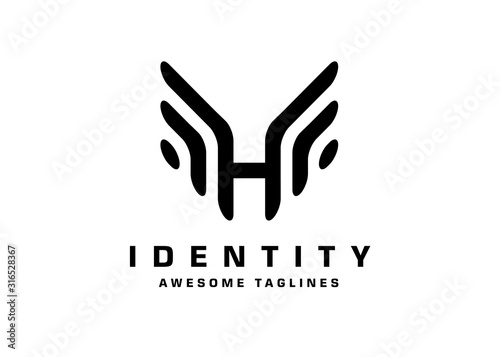 simple and memorable initial letter h with wings black color