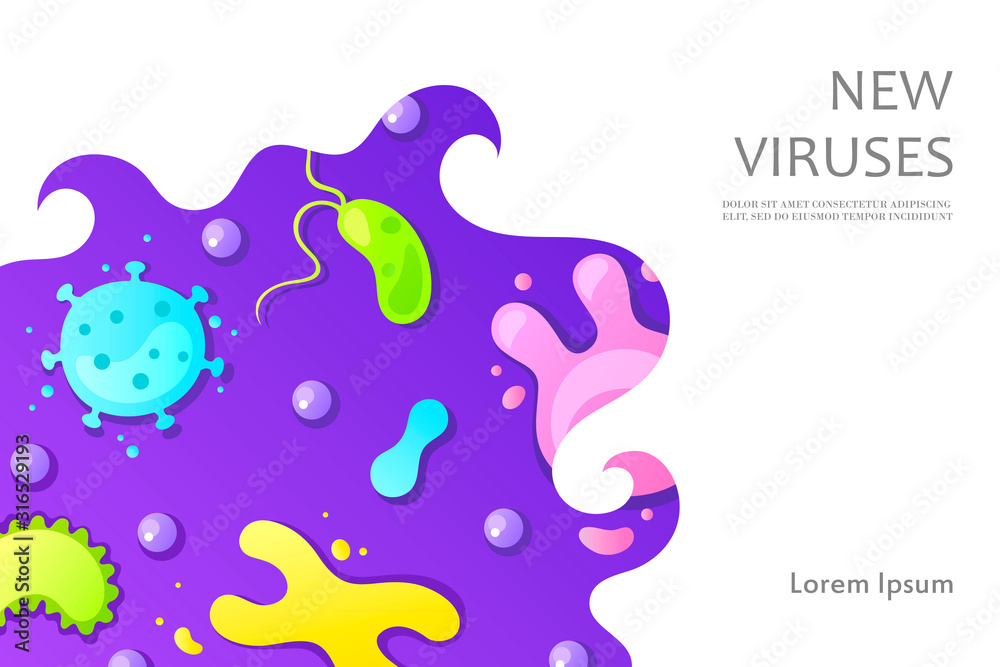Viruses and bacteria. Dangerous infection. Biology and chemistry. Template for banner, business card, poster, presentation. Vector illustration.
