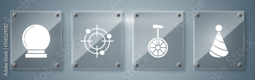 Set Party hat, Unicycle or one wheel bicycle, Target sport for shooting competition and Magic ball. Square glass panels. Vector