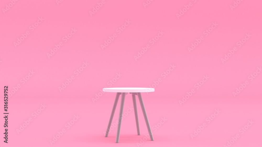 Table 3d illustration. Interior design background. Minimal style furniture poster. Pastel pink color. Coffee table image.