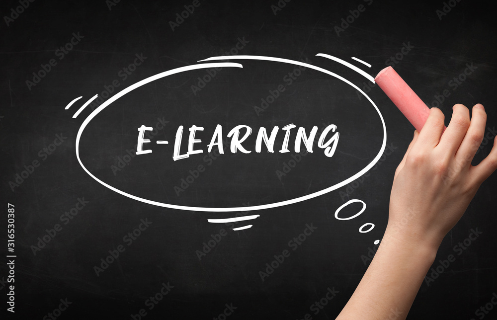 Hand drawing E-LEARNING inscription with white chalk on blackboard, education concept Hand drawing E-LEARNING inscription with white chalk on blackboard, education concept