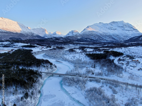 aerial panorama of snowy winter landscape in northern norway