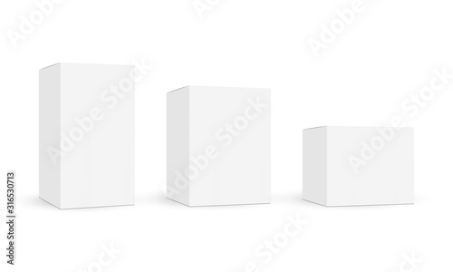 Set of white cardboard boxes mockups isolated on white background. Vector illustration