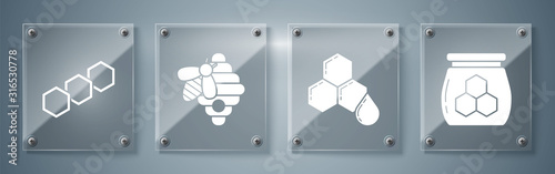 Set Jar of honey, Honeycomb, Hive for bees and Honeycomb. Square glass panels. Vector