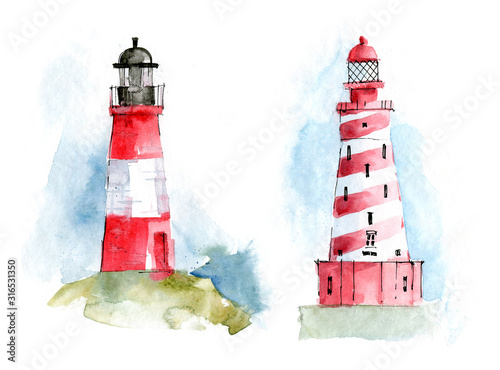 Watercolor hand drawn lighthouses - nautical elements
