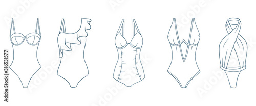 Swimming suits set. Doodle bikini. One piece swimsuits collection. Ladies clothes for summer vacation. Bikini sketch. Swimwear fashion.