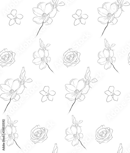 Delicate line drawing vector floral seamloess pattern with hand drawn delicate flowers, branches, leaves, blossom. Botanical illustration. Magnolia, Forget me not, petals