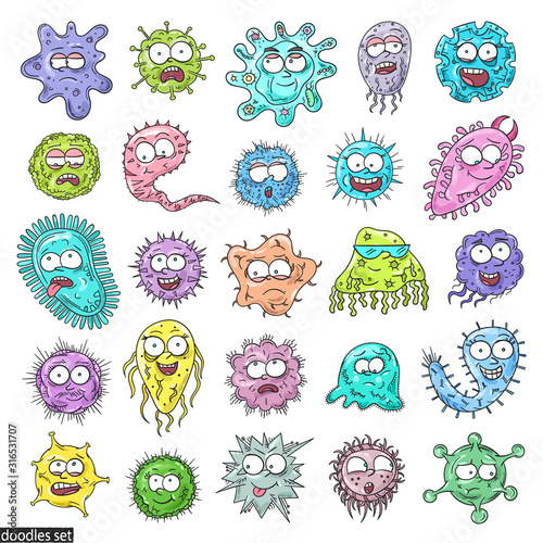 Microbes doodles set. Viruses. Bacteria. Cells. Germs. Allergy. Disease. Unicellular organisms. Cute cartoon microbes. Biology. Infection. Funny microorganisms collection.