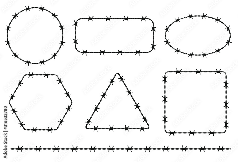 Vecteur Stock Geometric shape silhouette of barbed wire. Vector  illustration pattern, texture. Isolated on white background. Circle,  square, oval and triangle border ornament. | Adobe Stock
