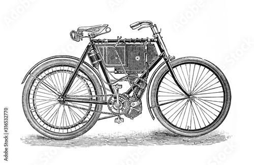 Antique motor bike - motorcycle / old Antique illustration from Brockhaus Konversations-Lexikon 1908