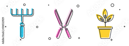 Set Garden rake, Gardening handmade scissors for trimming and Flowers in pot icon. Vector