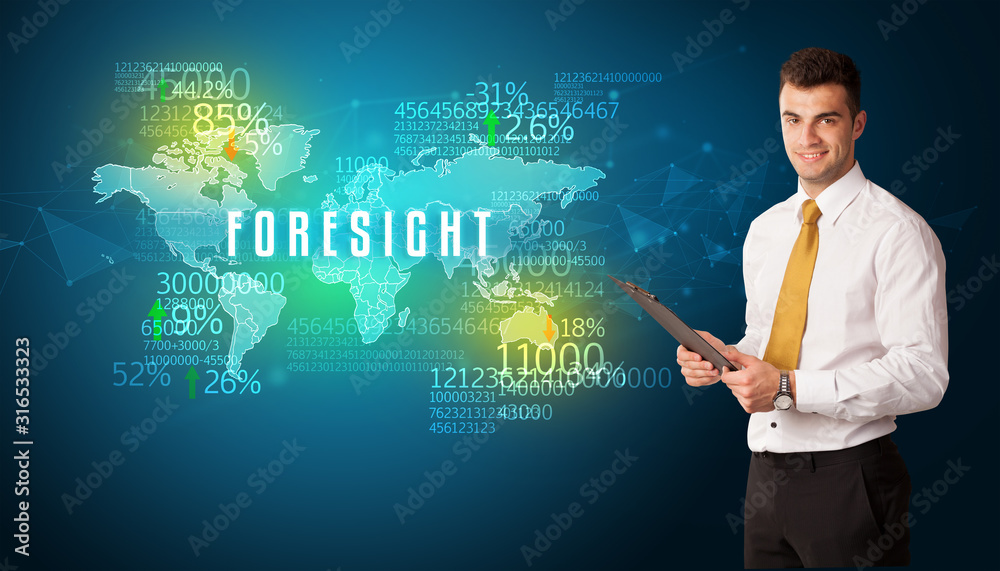 Businessman in front of a decision with FORESIGHT inscription, business concept