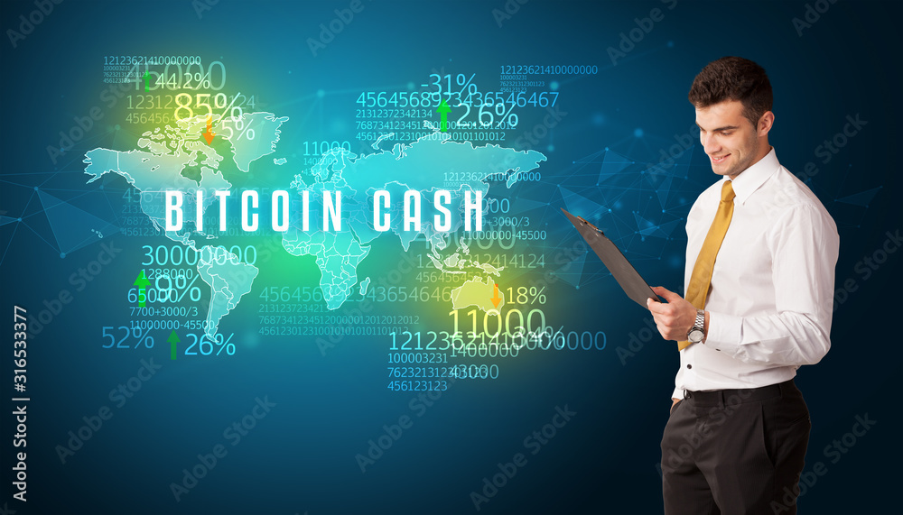 Businessman in front of a decision with BITCOIN CASH inscription, business concept Businessman in front of a decision with BITCOIN CASH inscription, business concept