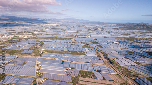Drone aerial view of the greenhouses in the region of Andalusia  spain .