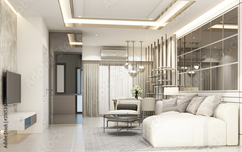 modern white living area with furniture in townhouse 3d rendering © Jokiewalker