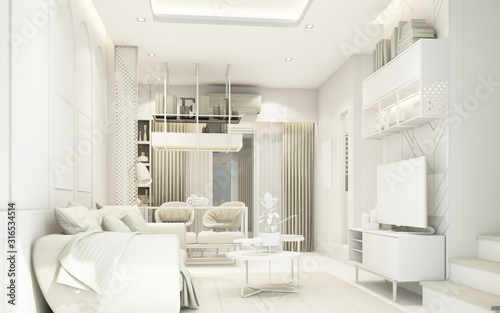 modern white living area with furniture in townhouse 3d rendering