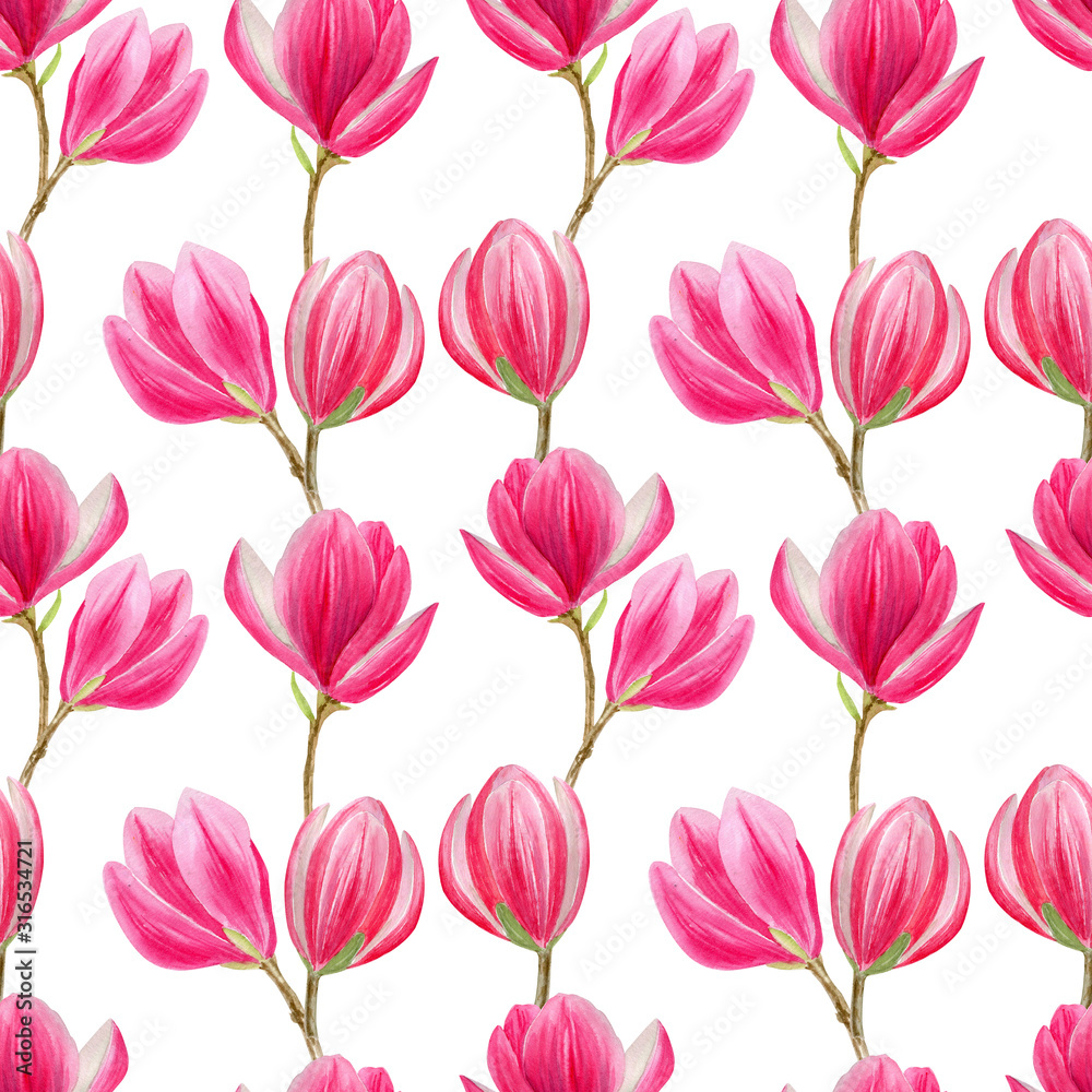 finished image of a seamless pattern of linearly arranged bright pink Magnolia flowers on a white background, watercolor