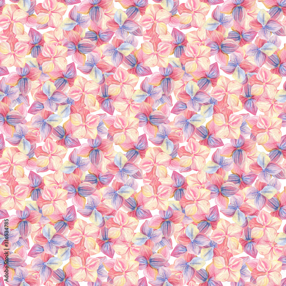 finished image of a seamless pattern of open buds of pink and purple flowers, watercolor