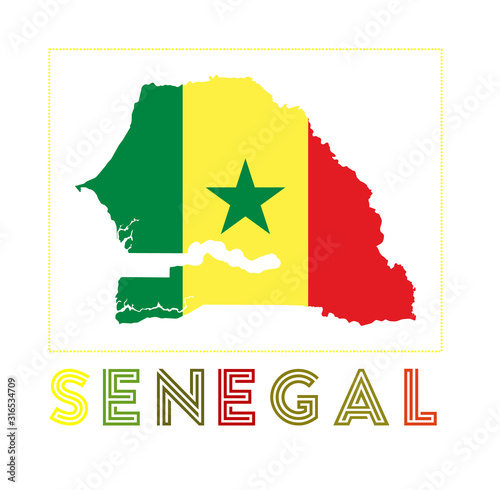 Senegal Logo. Map of Senegal with country name and flag. Astonishing vector illustration.