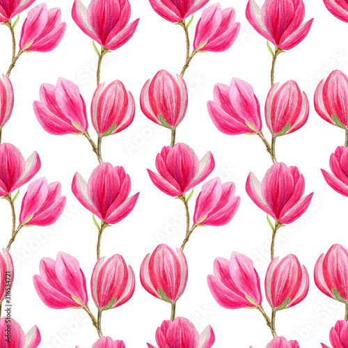 finished image of a seamless pattern of linearly arranged bright pink Magnolia flowers on a white background  watercolor