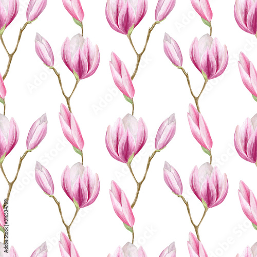 finished image of a seamless pattern of linearly arranged pink Magnolia flowers on a white background, watercolor