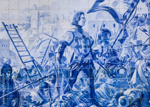 Wall decorated with amazing blue portuguese tile in Porto, Portugal.