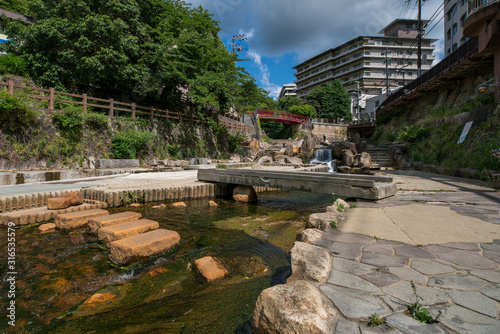 Taikobashi, a public park with hot spring and river in Arima Onsen city, Kobe, Japan photo