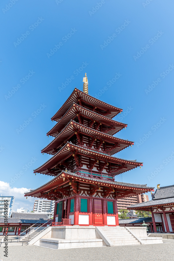 The seven-building garan, Buddhist tower in Shitennoji Temple in Osaka, Japan The seven-building garan, Buddhist tower in Shitennoji Temple in Osaka, Japan
