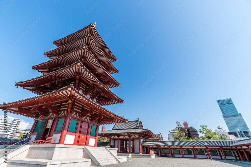 The seven-building garan, Buddhist tower in Shitennoji Temple in Osaka, Japan The seven-building garan, Buddhist tower in Shitennoji Temple in Osaka, Japan