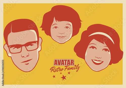 Avatar Retro Family. Cartoon faces woman, man and child retro style