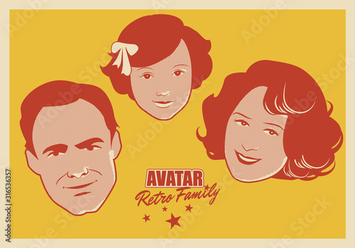 Avatar Retro Family. Cartoon faces woman, man and child retro style