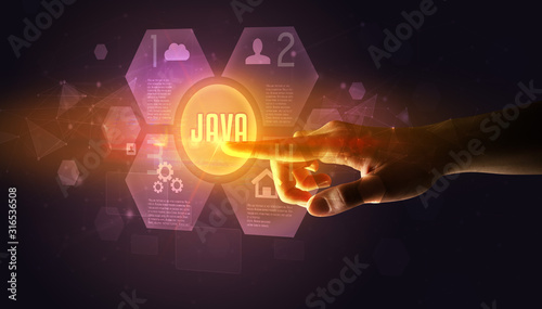 Hand touching JAVA inscription, new technology concept